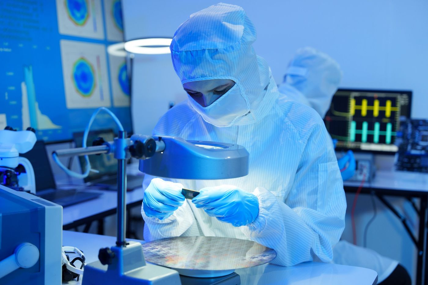 Technician in a cleanroom suit inspecting a component under a magnifier